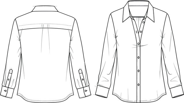 Classic Women's Long Sleeve Button-Up Shirt Technical Flat Sketch, Dress Shirt with Yoke and Cuffs, Front and Back View Vector.