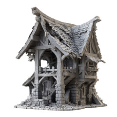 Rustic Refuge: An evocative architectural model of a weathered wooden house, featuring intricate detailing. The aged wood and stone create a charming aesthetic.