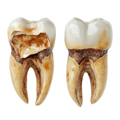 Decayed Tooth: An intimate look at two teeth in varied stages of decay. Capturing the complexity of dental health, one tooth showcases significant decay.