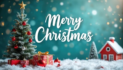 Frosted Christmas tree sits in soft snow beside red gift boxes and a tiny house. Merry Christmas text floats above on a teal background with bokeh lights. Festive winter scene.