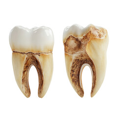 Tooth Comparison: A detailed dental close-up showcasing the contrast between a healthy tooth and a tooth afflicted by decay, illuminating the importance of oral hygiene and dental care.