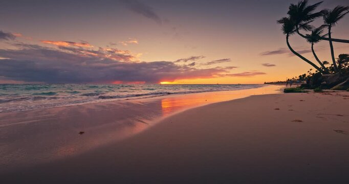 Ocean beach sunrise tropical landscape of caribbean sea and beach shore Dominican Republic summer vacation