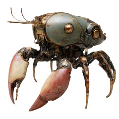 Steampunk Crab Robot: A detailed and intricate steampunk-inspired crab robot, a fusion of mechanical and organic elements. Its metallic shell, pincers, and legs showcase a world of gears, rivets.