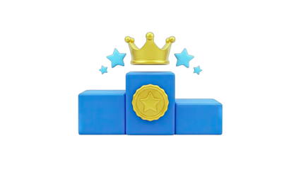 3D Winner's podium with crown and stars on transparent background