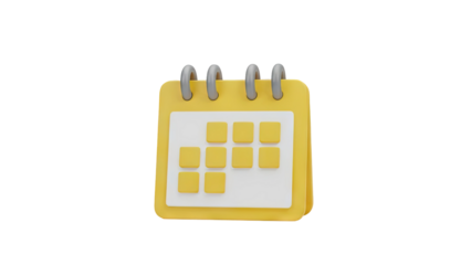 3D Yellow calendar icon with white page and gray spiral binding on transparent background