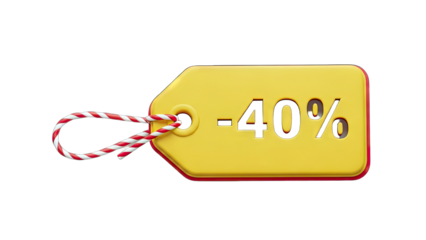 3D Yellow tag with -40% discount and red and white string on transparent background
