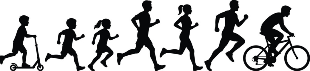 Silhouettes of children and adults running, jogging, cycling and riding scooter in active outdoor movement sequence representing fitness, exercise, sport, and healthy lifestyle © Hello World