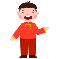 Cheerful Chinese New Year Kid Standing And Greeting Kid Illustration