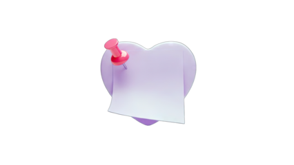 3D Heart shape with pink pin and blank paper on transparent background