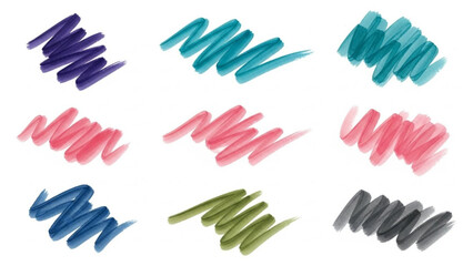 Obraz premium Colorful makeup brush strokes in purple, blue, pink, green, and gray hues on white background for creative design