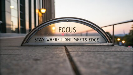 Inspirational message on a street sign highlighting focus and light during sunset in an urban setting
