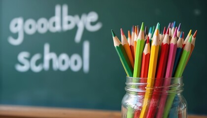 Colored pencils in jar on chalkboard with goodbye school message. End of year celebration, summer break, study transition, art supplies, creative learning concept.