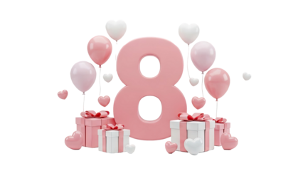 3D Number 8 with Balloons and Gifts for International Women's Day on transparent background