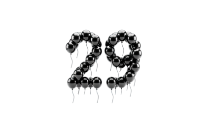 3D Number 29 made of black balloons on transparent background