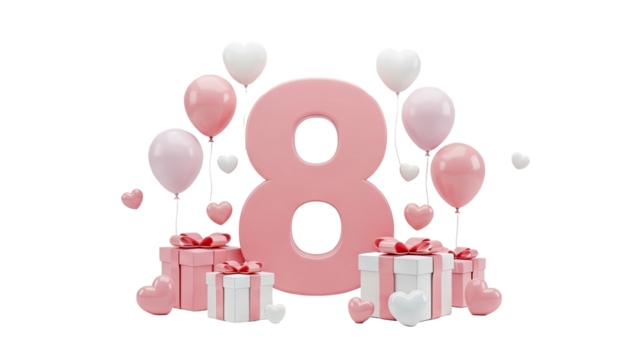 3D Number 8 with Balloons and Gifts for International Women's Day on transparent background - Powered by Adobe