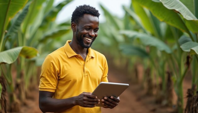 Smiling African farmer uses tablet computer in banana plantation. Man checks crop growth, planning farm work, using modern agritech for business. - Powered by Adobe