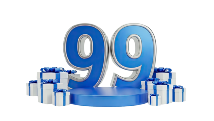 3D Number 99 with Gifts on a Pedestal on transparent background