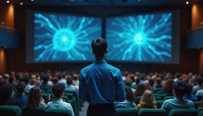 Man presents AI concept on screens to diverse students in dark auditorium. Teacher explains neural network, technology, and future to audience. Learning and innovation concept.