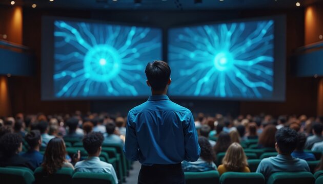 Man presents AI concept on screens to diverse students in dark auditorium. Teacher explains neural network, technology, and future to audience. Learning and innovation concept. - Powered by Adobe