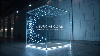 High-Tech Display of Neuro-AI Core Concept with Glowing Dots and Transparent Box in Modern Urban Environment