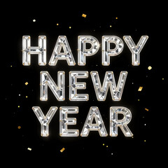 Crystal &ldquo;HAPPY NEW YEAR&rdquo; typography with gold confetti floating, black background