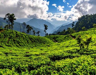 Verdant tea plantation landscape under a cloudy sky with mountain ridges in the background