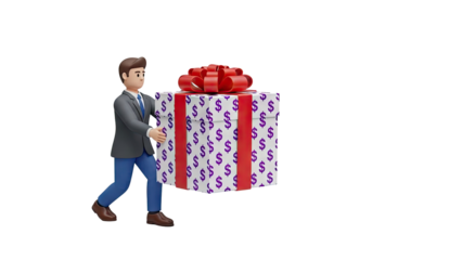 3D Man Carrying Large Gift Box with Dollar Signs on transparent background