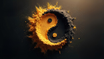 Golden and black powder forms yin yang symbol. Powder splashes create dynamic texture, abstract design represents balance and duality. Dark background highlights contrasting colors.