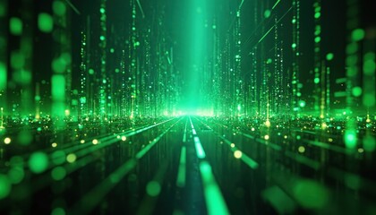 Abstract digital highway with green data streams. Futuristic cyberspace concept for tech business or government IT. Glowing lines create a path into the future.