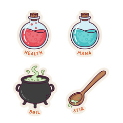 Cartoon Stickers of Health and Mana Potions, Cauldron, and Spoon.