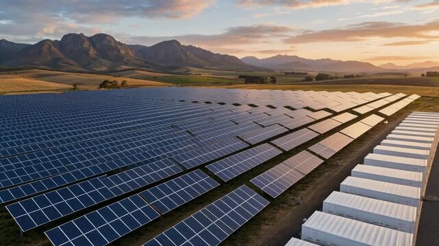 Stunning aerial view of a solar power plant with solar panels and energy storage containers against a beautiful mountain backdrop