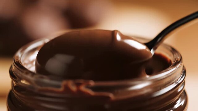 Extreme slow motion close-up of a metallic spoon dipping into creamy dark chocolate spread inside a small glass jar emphasizing texture and richness small, spoon, Extreme