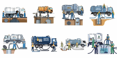 Septic service vector illustrations set, depicting workers maintaining, pumping, and cleaning wastewater systems with vacuum trucks.