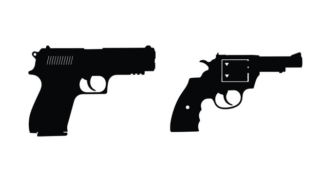 Two black silhouettes of revolvers and a semi automatic pistol are displayed