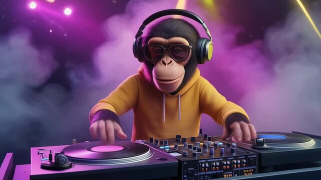 Cool DJ Monkey Mixing Music at a Colorful Nightclub Party with Lights and Fog
