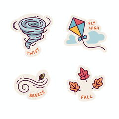 Weather elements sticker set featuring wind, tornado, kite, and falling leaves.