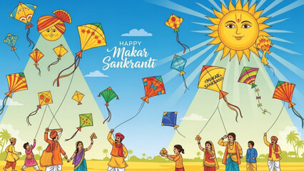 Obraz premium Happy makar sankranti people flying colorful kites in sky with sun