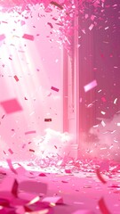 Fototapeta premium Vertical, artistic depiction of falling confetti inside an interior space bathed in soft pink light