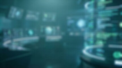 Blurry futuristic control room with glowing blue and green screens and lights, dark atmosphere with sleek curved surfaces