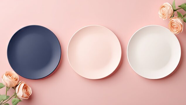 Three colorful plates arranged on a pastel pink surface with roses.