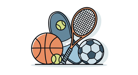 Collection of sports equipment including basketball tennis and soccer balls.