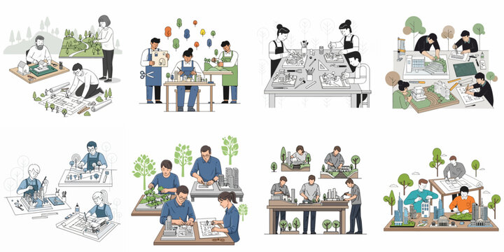 Architects and planners creating scale models of buildings and landscapes, illustrating the collaborative process of architectural and urban design projects.