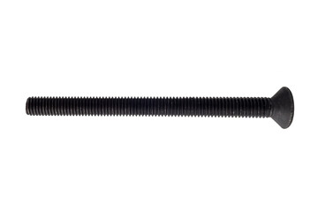 A single long black metal bolt with a flat countersunk head and full threading, isolated on a clean white background. 