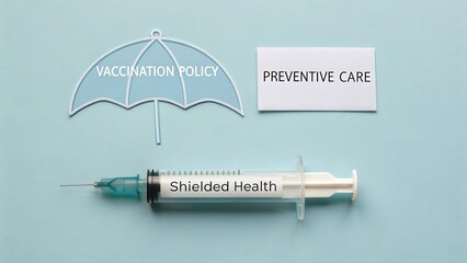 Umbrella with Vaccination Policy, Preventive Care Sign, and Syringe on Blue Background for Health Awareness Concept