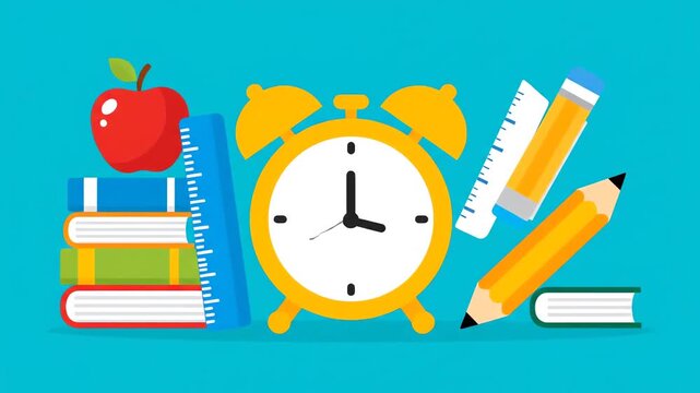 School Supplies and Alarm Clock Back to School Learning Time Management.