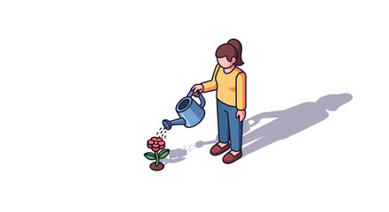 Fototapeta premium Woman carefully waters a vibrant red flower with a watering can nurturing growth.