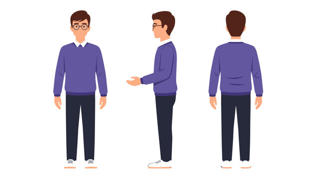 Illustration of a man in different poses wearing a purple sweater.