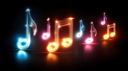 Multiple glowing musical notes illuminate a dark background with colorful neon outlines