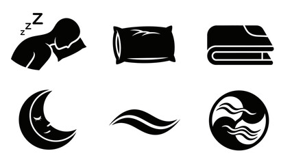 Fototapeta premium Collection of black silhouette icons representing sleep, comfort, and relaxation, including a sleeping person, pillow, blanket, moon, and wavy symbols.