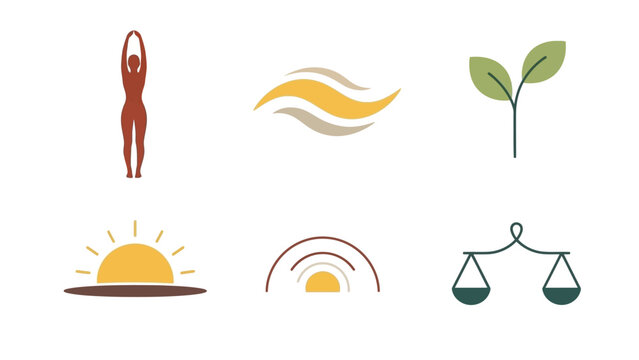 A collection of six minimalist icons representing wellness, nature, balance, and new beginnings, including a yoga pose, leaves, sunrises, and scales.
